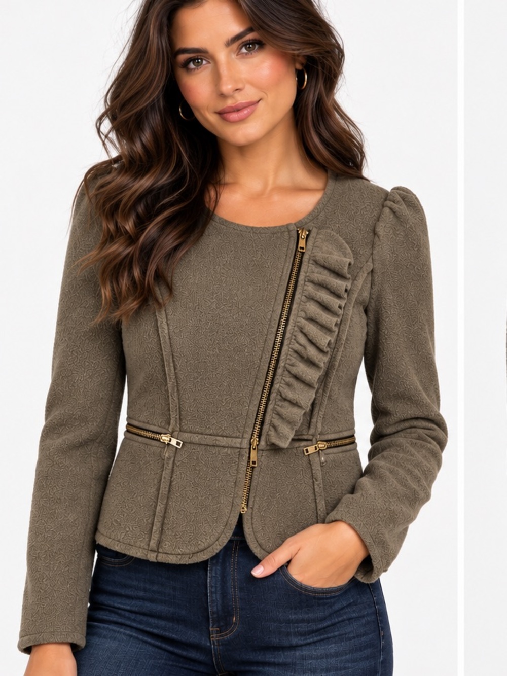 BCBG Olive Taupe Ruffle Zip Blazer Jacket